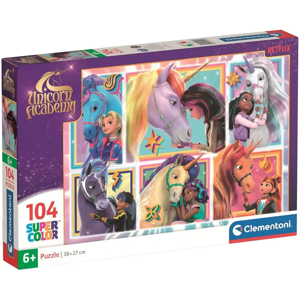 Academia Unicornilor împreună cu unicornii, puzzle Supercolor de 104 piese - Clementoni