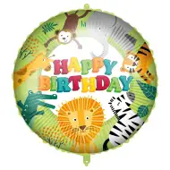 Balon folie de ziua de naștere – cu inscripția „Happy Birthday”, model cu animale de junglă, 46 cm