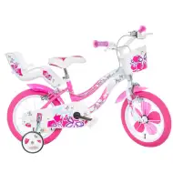 Bicicletă pentru copii Flappy 14” cu coș și scaun pentru păpuși, culoare roz-alb – bicicletă Dino Bikes