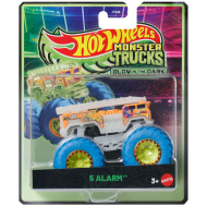 Hot Wheels Monster Trucks: 5 Alarm, mașinuță 1/64 cu roți albastre, care luminează în întuneric – Mattel
