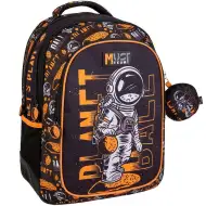 Must... Rucsac școlar pentru astronauți, negru-portocaliu, cu colțuri rotunjite, 3 compartimente, 32x18x43 cm
