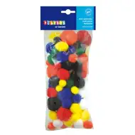 PlayBox: Pompon în culori de bază, 100 bucăți, 15-35mm