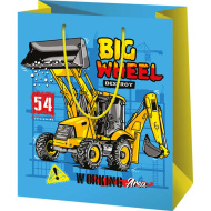 Pungă cadou medie, cu imprimeu cu utilaje Big Wheel, 18x10x23 cm