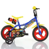 Sam, pompierul bicicletă pentru copii de 12” cu suport pentru sticlă și roți ajutătoare, în culorile albastru-galben – bicicletă Dino Bikes