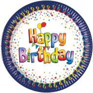 Set de 8 farfurii de hârtie alb-albastre cu inscripția „Happy Birthday”