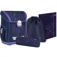 Spirit: Ghiozdan școlar Color Lines cu linii colorate pe fundal mov, set de 4 bucăți 41x20x32cm