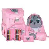 Spirit: Rucsac școlar cu pisică gri, set de 5 bucăți 38x17x28cm