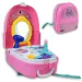 Set de frumusețe roz într-un rucsac cu machiaj, oglindă și accesorii